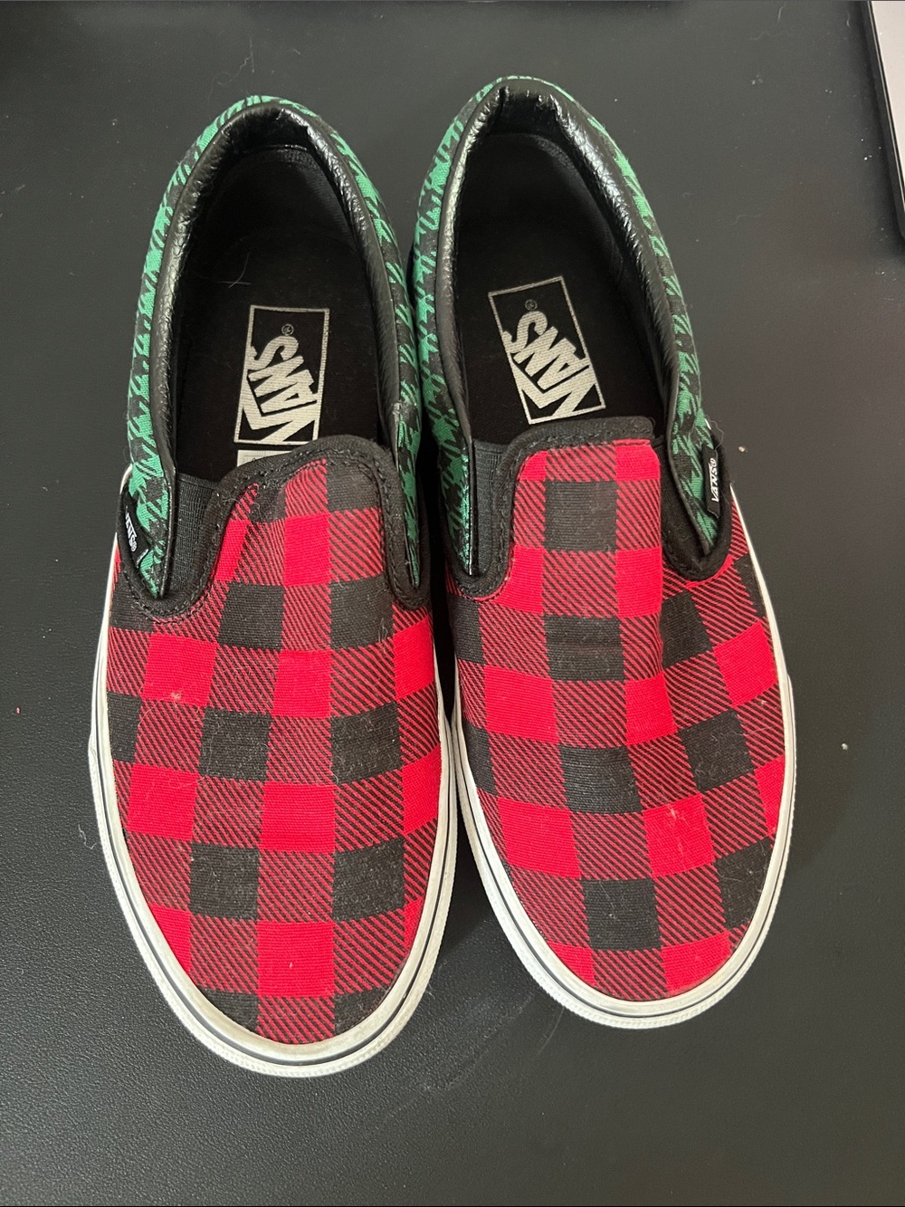 Vans Red & Black Plaid Slip-On Sneakers with Green Trim